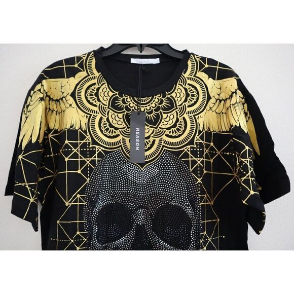 Reason Men's Sz L Black/Gold Studded Skull Short Sleeve T Shirt - Picture 3 of 7
